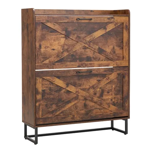VEVOR Shoe Cabinet with 2 Flip Drawers, Farmhouse Shoes Storage Cabinet with Metal Legs and Anti-Tipping Device, Freestanding Shoe Organizer Ideal for Entryway, Hallway, Bedroom, Living Room, Brown