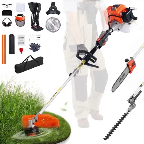 【toolupgrade】VEVOR 63cc Engine 2-Cycle Gas-Powered 5-in-1 Handheld Garden Tool Kit - Hedge Tool, String Cutter, Brush Cutter (3T & 40T Blades), Pole Saw, Grass Trimmer, 8500 RPM, Rubber Grip, Protective Gear for 5-in-1 Yardwork, Branches/Vines Cutting