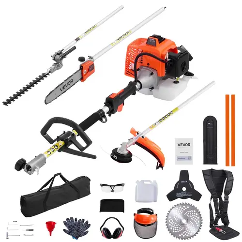 VEVOR Portable 63cc 2-Cycle Gas Power Handheld Hedge Trimmer, 5-in-1 Garden Tool with 8500 RPM, 270° Adjustable Head, 3T & 40T Cutting Blades, Grass Trimmer Head, Pole Saw, Tool Kit, Protective Gear for Lawn Maintenance