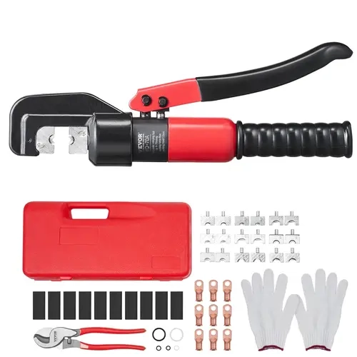 【Fallpicks】VEVOR High-Strength Steel Hydraulic Cable Crimper with 9 Dies (AWG12-2/0 for Copper/Aluminum Terminals), 1x Wire Cutter, 1x Gloves, 10 Copper Ring Connectors, 8 Heat Shrink Sleeves, Corrosion Resistant Battery Lug Crimper Tool