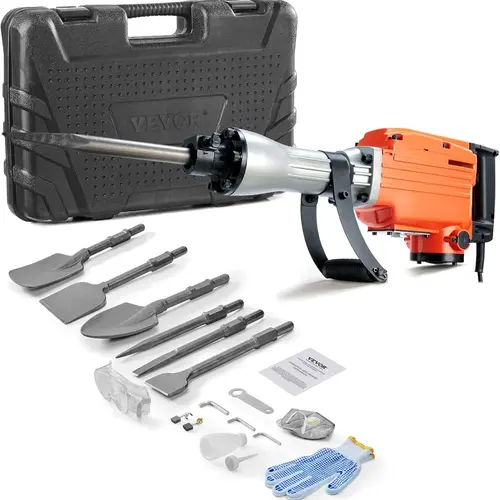 VEVOR 110V Electric Demolition Jack Hammer, 2000W High Torque Impact, 2/4/6 Chisel Bits + Gloves, 360° Rotatable Handle, Auto-Hold Button, Aluminum Components, Cooling System, Block Removal for Concrete Breaking