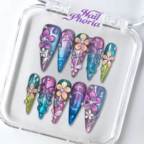 NailPhoria FAIRY DEW - SPRING Handmade Press-On Nails | Reusable, Salon-Quality, Long-Lasting, Glossy Design- Long stilettto 33mm