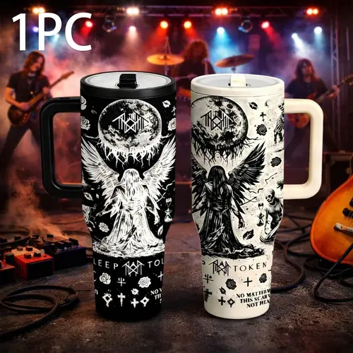 40oz Dark Angel Gothic Tumbler, Drinkware, Vacuum Tumbler, Black White Rock Art Insulated Mug with Handle and Straw, Unique Statement Cup, Perfect Gift for Rock Fans, Metal Music Lovers and Alternative Style Friends