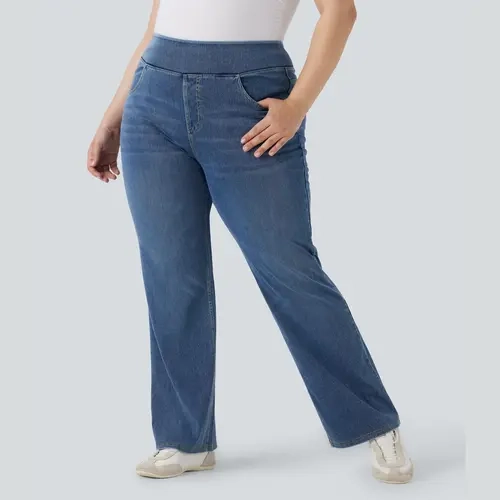Halara Flex™ High Waisted Pockets Washed Casual Bootcut Plus Size Jeans