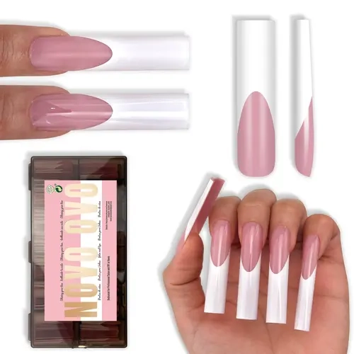 NOVO OVO XXL Square Soft Gel Nail Tips Kit - 150 Pcs Chic Pre-Colored Berry Pink White French, No C Curve Straight PMMA Gel X Fake Nails, Acrylic Press On Set for DIY & Home Manicure (15 Sizes)