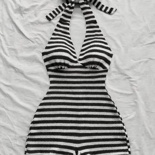 Women's Striped Halter Tie Back Adjustable Romper, Self Tie Romper, Stretch Knitting Romper, Perfect for Vacation, Beach, Dates, Parties, Festive, Stylish, Chic, Elegant and Comfortable One-Piece Romper