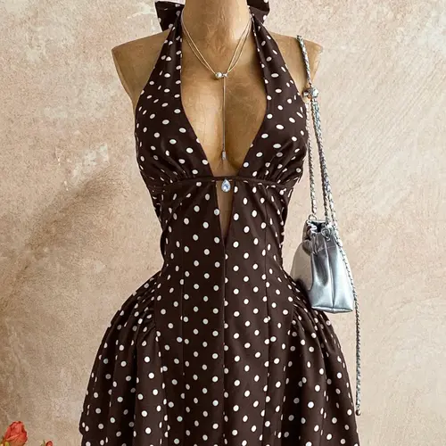 Women's Polka Dot V-Neck Cutout Waist A-Line Mini Dress, Feminine Boho Party Dress for Christmas, Date Nights and Vacations