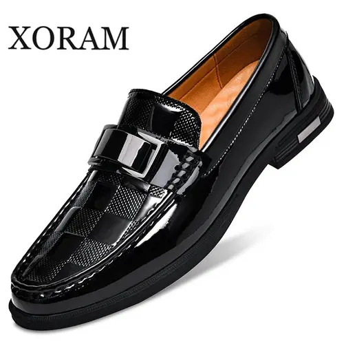 XORAM Men's PU Patent Leather Checked Buckle Details Loafers - Round Toe, European Retro Style, Easy On & Off Flat Slip-On Dress Casual Shoes 8010