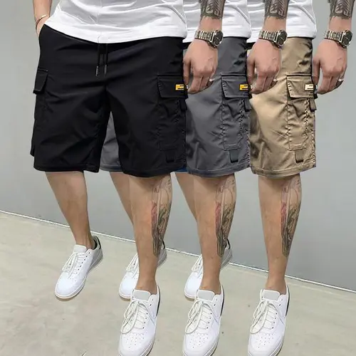 Men's Plain 3-Piece Streetwear Utility Set, Multi-Pocket Cargo Shorts, Comfortable Stylish Menswear, Suitable for Everyday Casual & Sports Wear, Beige Mens Clothing