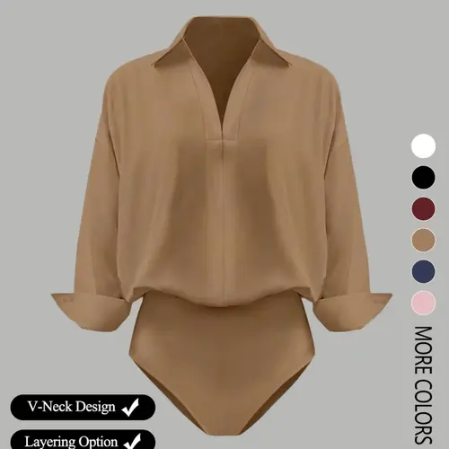 Women's Basic V-Neck Long-Sleeve Shirt-Style Jumpsuit, Casual Comfy Jumpsuit, Casual Loose Chic Look in Elegant Lightweight Woven Fabric, Slim-Fit Design for All-Season Layering