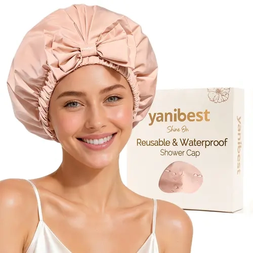 YANIBEST Women's Blush Pink Reusable Shower Cap - Waterproof Seal, Quick-Dry Nylon, Cute Bow, Soft Beige Wide Comfortable Band, Spacious for Thick Hair, Durable One Size, Pink Floral Haircare Accessory