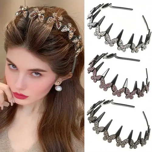 Women's Bedazzled Butterfly Crystal Band-Shaped Headband - Waves Design, Non-Slip, Lightweight Durable Plastic, Unisex Bling Hair Fashion Accessory for Bridal Weddings & Everyday Elegance