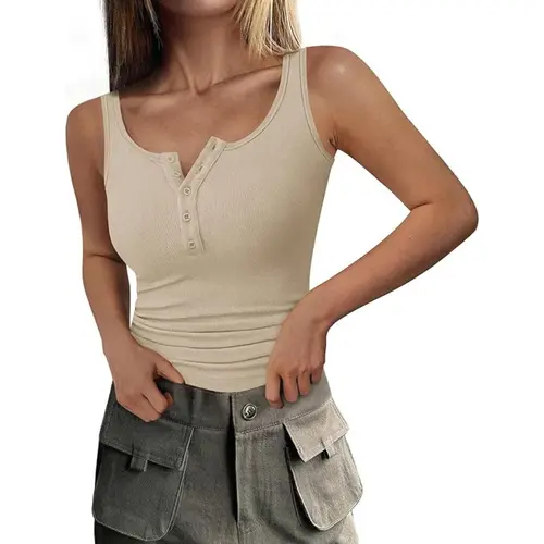 PrettyGarden Women's  Summer Tank Tops Ribbed Knit Slim Fit Sleeveless Henley Shirts Casual Basic Button Up Blouse