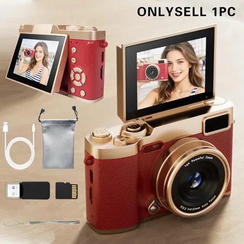 2.4 Inch Flip Screen Selfie Camera, Digital Camera with Flash and Filters, Portable Compact Point-And-Shoot, Ideal for Short Videos and Travel