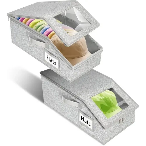 2-Pack Grey Stackable Hats Storage Boxes - Foldable Storage Bins with Durable Zipper, Dustproof Closet Organizer Box, Cardboard Base, Carry Handle, 30-Cap Capacity, Shelf Space-Saver for Clothing & Multi-Accessory Organization