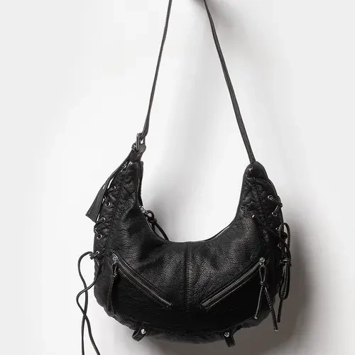 Washed Laced Shoulder Bag, Black