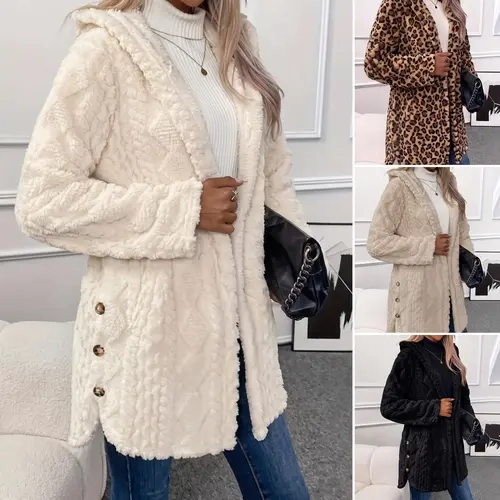 VVZ 2026 Women's Fall Winter Fuzzy Hooded Button Cardigan Oversized Long Sleeve Coat, Warm Fashion Casual Outerwear for Daily Wear & School Activities Polyester