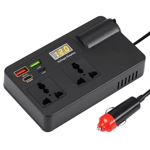 Car Truck Inverter 12V-24V to 220V with Smart Chip QC3.0 Fast Charging for Laptops Tablets & Phones USB Ports Included Wireless Carplay Adapter