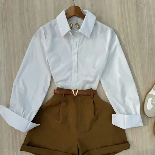 Women's Basic Casual Elegant Fashion Two-Piece Long Sleeve Shirt and Shorts Matching Set for Office and Commuting Wear, Summer Outfit, Womenswear, Clothes