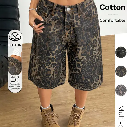 Women's Leopard Print Denim Capri Pants, Casual Wide Leg Loose Fit Shorts, Slant Pocket Button Design, Fashionable Versatile Summer Wear, Casual Relaxed Shorts