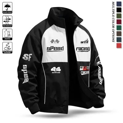 Men Casual Jacket Lightweight Jacket Men Stand Collar Casual Street Jacket Men Durable Fabric Letter Pattern Racing Style Everyday Wear Sports Travel Spring Summer Mens Casual Jackets tiktokshopspringglowup Coats Long Sleeve fathersdaygift