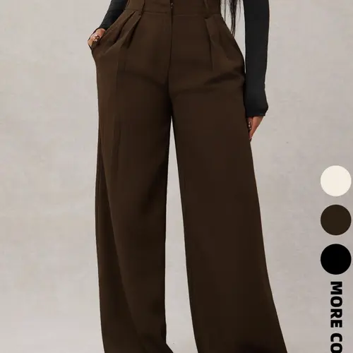 Women's Minimalist Fashion Comfortable High Waist Elastic Loose Fit Wide-Leg Solid Pants, Commuter & Casual Wear, Fashion Bottoms, Womenswear