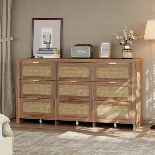 FUSOU Rectangle 9-Drawer Rattan Storage Cabinet - Wood Frame, Metal Handles, Smooth Gliding Drawers, Rolling Organizer for French Country Bedroom Decor, Boho Rattan Texture, Walnut Dorm Room Storage Cabinets