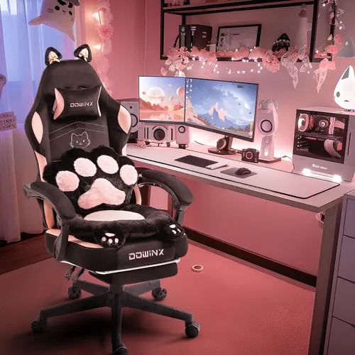 Dowinx Gaming Chair Cute with Cat Ears and Paw Lumbar, Ergonomic Computer Chair for Girl with Footrest and Headrest, Comfortable Reclining Game Chair 292lbs for Adult, Teen, Black