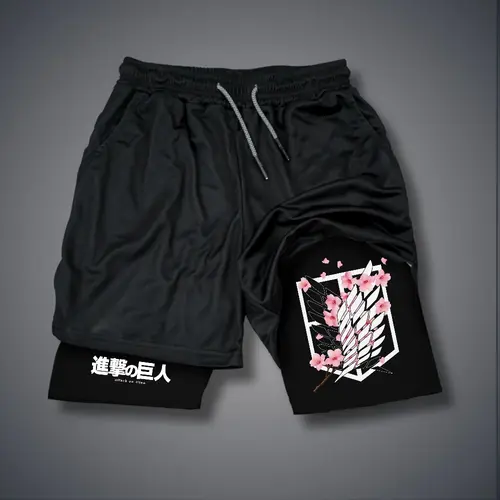 Attack on Titan Anime Double-Layer Sports Shorts Graphic Shorts Black Shorts Camo Shorts Streetwear Shorts Men Outfits Men Short Shorts Vacation Outfits Shorts