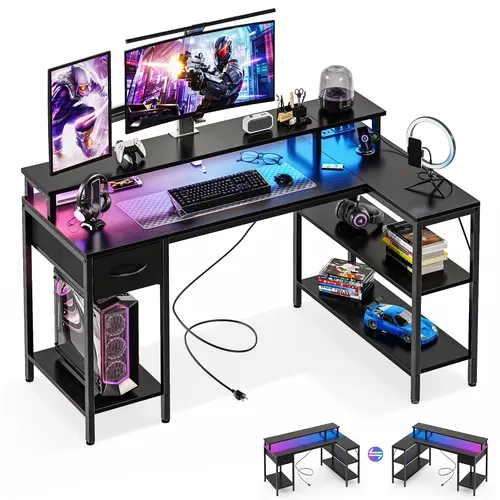 Sweetcrispy L-Shaped Gaming Office Desk - 47x19.3in Computer Desk L Shaped with Storage, 6-Outlet Built-In USB Outlet Power Hub, RGB LED Lights, Double-Layer Design, Monitor Stand, CPU Rack, Assembly Required for Home Office Workstations