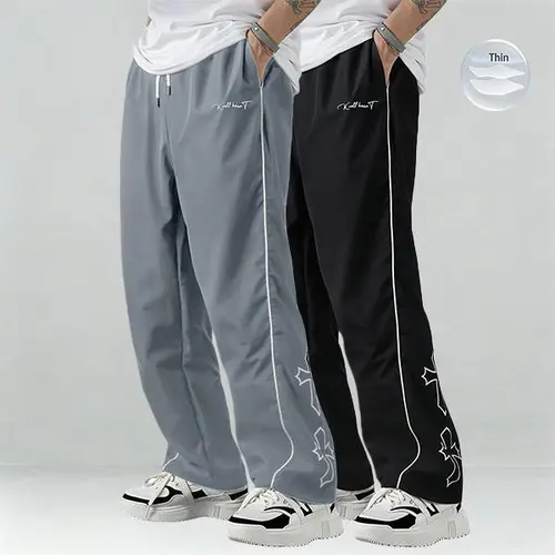 Men's 2-Pack Polyester Athletic Track Pants - Black, White Side Stripes, Embroidered Detail, Drawstring Straight Leg, Convenient, All Seasons Casual Sport Trousers, Athleisure Bottoms