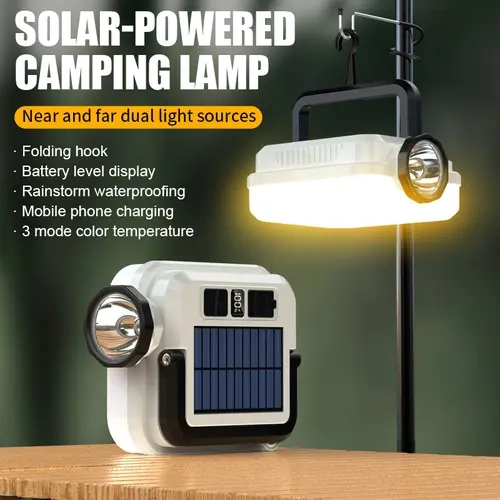 Compact Solar-Powered Camping Lantern - Portable Emergency Light, Waterproof Outdoors USB Phone Charger, 8 Modes, LCD Battery %, 10-100% Simple Button Brightness, Color Temp Adjustment, Dual Light Zones, Off Grid Survival Supply