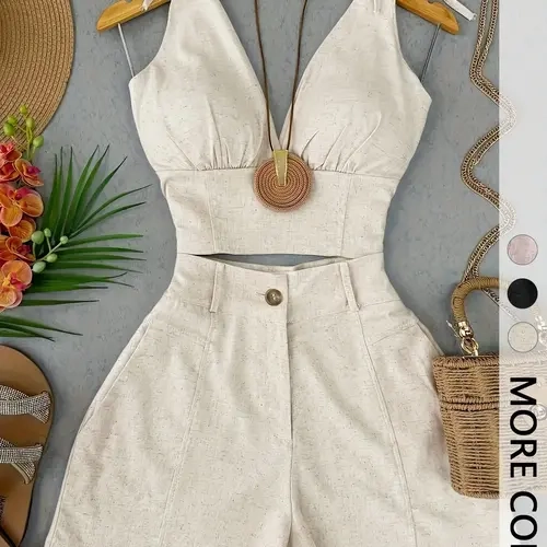Women's Spring Summer Vintage Vacation Two-Piece Set, Tie Top V-Neck Cinched Waist, High-Waisted Wide Leg Shorts, Casual Top with Shorts Set Clothes, Shorts Sets Outfits
