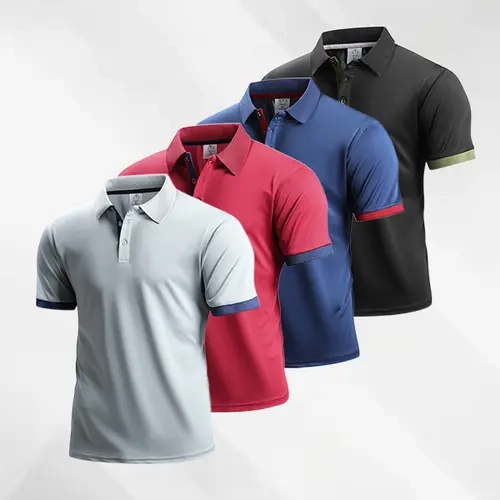 Men's 4-Pack Short Sleeve Quick-Drying Breathable Polo Shirts - 4 Versatile Colors, Business & Casual Style, Button Design, Contrast Cuff Detailing, Fade Resistant, Suitable for Outdoor & Office Use