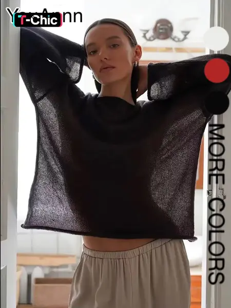 Women's Hollow Out Knit Sweater, Spring Summer New Arrival, Thin Round Neck Flare Sleeve Loose Long Sleeve Top, Comfortable Breathable, Knitwear