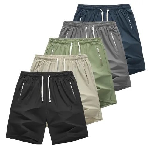 Men's 5-Pack Fitted Solid Casual Above-the-Knee Shorts Set, Elastized Drawstring Waistband, Zippered Printed Side Pockets, Breathable Quick-Drying Dry Fit Fabric, Indoor/Outdoor Use