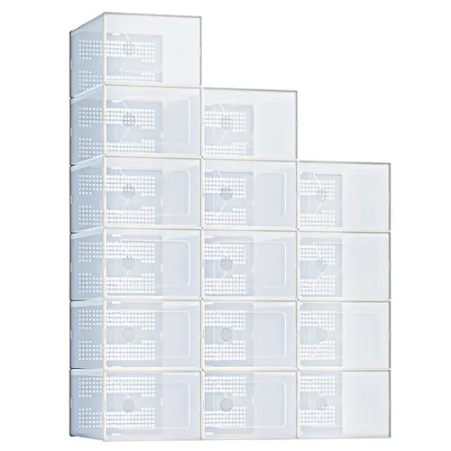 Sweetcrispy 12-Pack Stackable Plastic Shoe Storage Boxes with Lids - Large Shoe Rack Organizer Storage Containers with Secure Interlocking Connectors, Stackable Design, Transparent Fronts, 2 Sizes Available, Easy Assembly for Closet