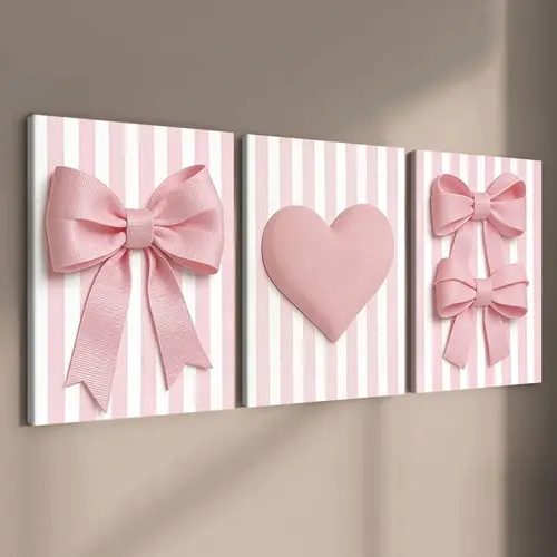 【Black Friday】3-Piece Wood-Framed Canvas Wall Art Set with Striped Bow and Heart Designs, Hanging Canvas Prints for Living Room and Bedroom Decor