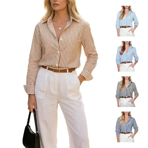 Siliteelon Striped V-Neck Button Down Shirt Women's Long Sleeve Low Cut Boxy Shirt for Comfy Business Casual & Chic Old Money Look January Office Outfits | Designer Style Inspo