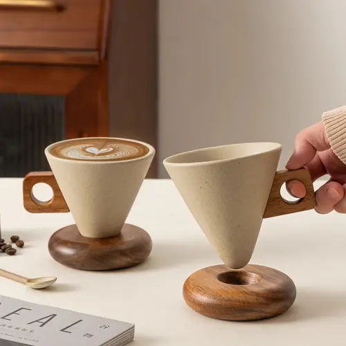 250ml Conical Textured Ceramic Coffee Cup - Wooden Handle Cappuccino Mug with Eco-Friendly Biodegradable Wood Base, Curve Design, Art Decorations, Table Sipping Stability, Ideal for Cafes, Gift Giving