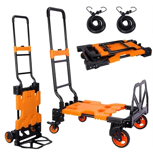 FWTI DEAL 2-in-1 Foldable Hand Truck with Dual Configs, Adjustable Retractable Handle, 2 Luggage Tie-Down Straps, Heavy Duty Utility Convertible Dolly (165 lbs/220 lbs Capacity) - Bright Orange