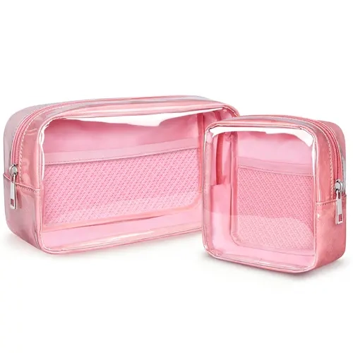KALIDI Small Lightweight Transparent PVC Waterproof Makeup Bag - Solid Zip Fastener Jelly Pouch, High-Capacity Toiletry Organizer for Women’s Travel, Purse Use; Available in Pink (Single Large Bag), Pink (2-Piece Set), Purple (2-Piece Set)