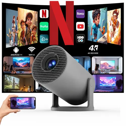 HY300Pro Smart Projector - 290ANSI, 1280x720P, 8K Decode, Auto Keystone Correction, Dual-Band WiFi6, BT5.4, Android 14, 4K/1080P Audio Support, Lightweight Modern Portable Display, Abs, Oval Box, Ceiling Mount, Projector for Bedroom, Home Cinema Gift