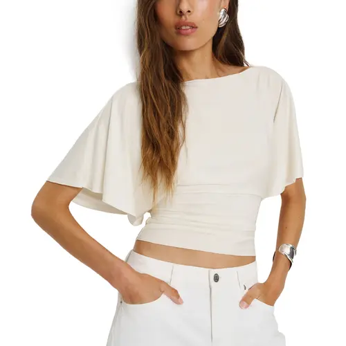 Hixiaohe Women's Minimalist Fitted Short-Sleeve Boat Neck Knit Tshirt - Adjustable Everyday Fabric, Casual Cropped Blouses, Urban Style Tops, Basic Training Wear