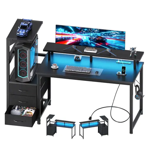 Ergonomic Reversible L-Shaped Gaming Desk - Sturdy Computer Desk with Shelves, Storage Drawers, RGB LEDs, 3+2 Power Ports, PC Stand, Cable Management (Wood & Metal Black) for Man Cave Dual Monitor Streaming, Bedroom Use, Multi-Monitor Setup