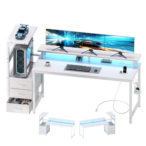 Sweetcrispy Sturdy 110lb Modern L-Shaped Wood-Metal Gaming Desk for Adults - Reversible Setup, Music-Sync LEDs, Shelves, 3 Fabric Drawers, Power Outlets, PC Stand, Cable Management, Black Office Desk, Man Cave Furniture, Dual Monitor Streaming, Power Hub