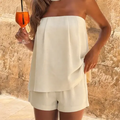 Elegant Casual Vacation-Style Tube Top and Shorts Two-Piece Set, Fitted Sleeveless Plain Design, Natural-Waist Regular-Length Outfit, Womenswear