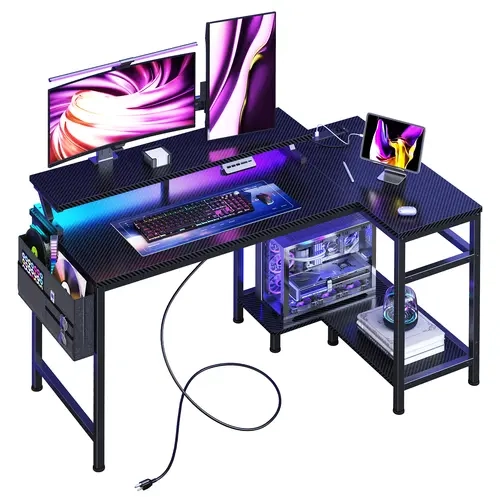 Sweetcrispy Sturdy L-Shaped Gaming & Computer Office Desk - L-Shaped Workstation with Steel Frame, 3 Outlets, USB, Type-C Port, Music-Sync Colorful LED Lights, Storage Shelves, Monitor Stand, Assembly Guide for Gaming Room