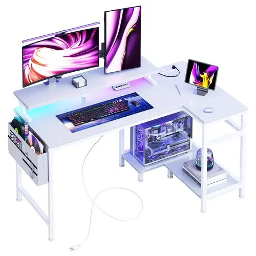 Sweetcrispy Reversible L-Shape Sturdy Gaming Desk - Home Office Furniture Steel & Wood Computer Table with Scratch-Resist Top, Steel Frame, USB/Type-C Ports, Power Outlets, LED Lighting, Storage Shelves, Monitor Stand, Quick Setup, Dual-Monitor Compatible
