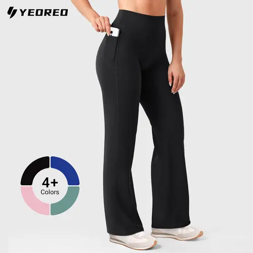 YEOREO Women's High Waist Straight Wide Leg High Stretch Leggings - No Front Seam, With Pockets, 29"/31.5" Length, Yoga Pants for Women, Athletic Bottoms, Summer Clothing, Gym Essentials, Travel/Camping Wear